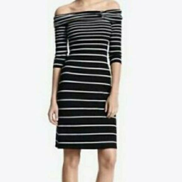 WHBM Dress Bodycon Off Shoulder Stretch 1/2 Sleeve Mini Knit Black Striped S - Picture 4 of 10